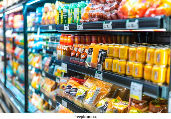 Supermarket Shelves with Food Products in Glass Cooled Display