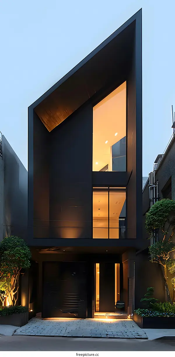 Modern Black House with Geometric Design and Large Windows