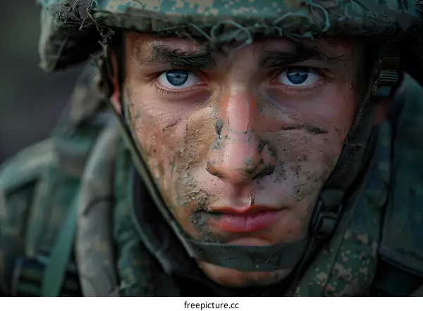 Portrait of a young soldier with blue eyes and a dirty face