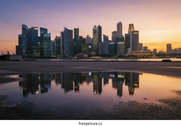 Sunset view of modern city skyline with reflections in water