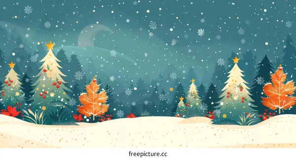 Christmas trees in a snowy forest