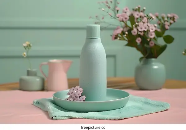 Light Green Bottle with Flowers on a Pink Table