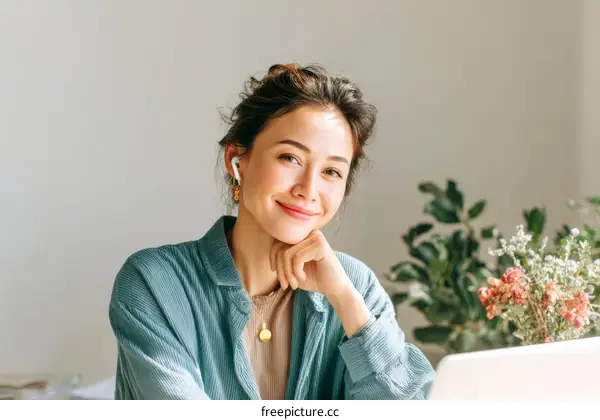 Young woman working from home with laptop and plants