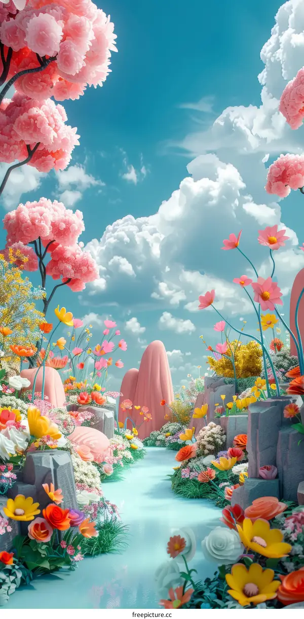 Colorful Flowery Fantasy Landscape Illustration