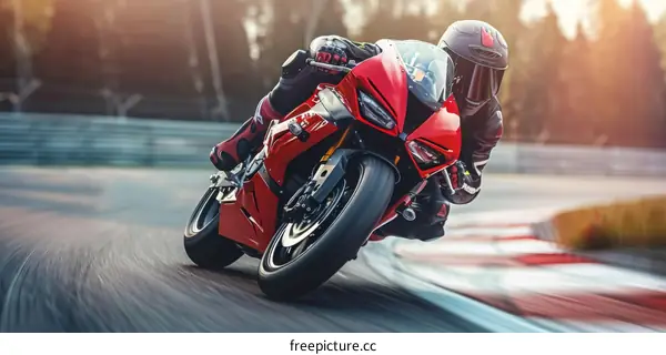 A person riding a red and black motorcycle on a race track.