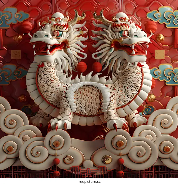 Two dragons playing with a pearl