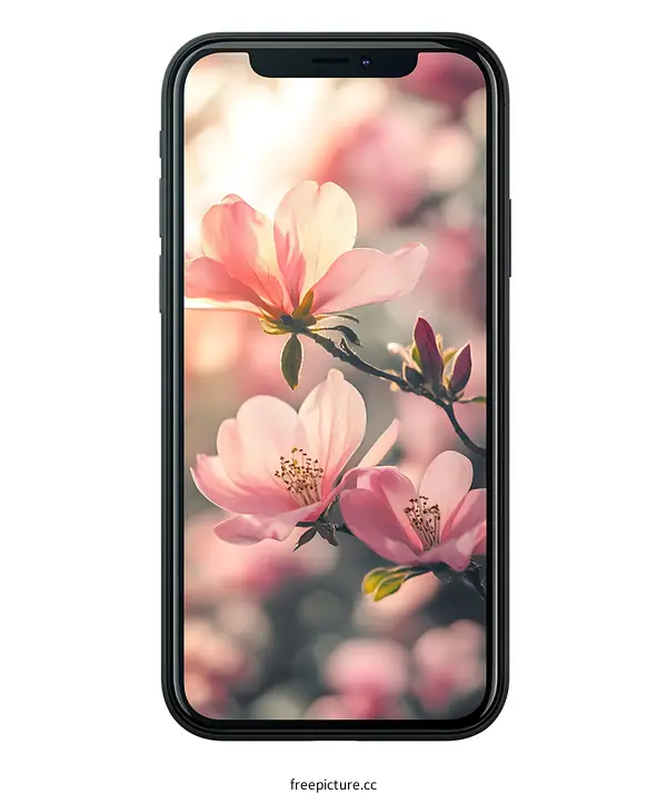 Black Smartphone with Pink Flowers on Screen