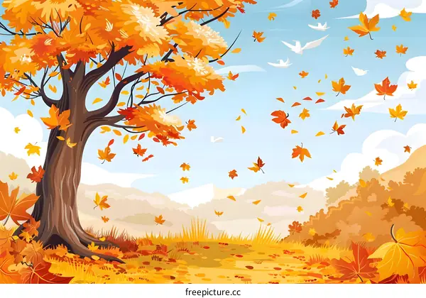 Autumn Landscape With Falling Leaves And Birds