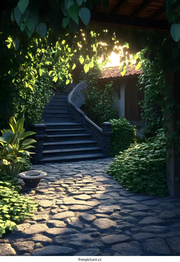 Stone Pathway Leading to a Building with Greenery