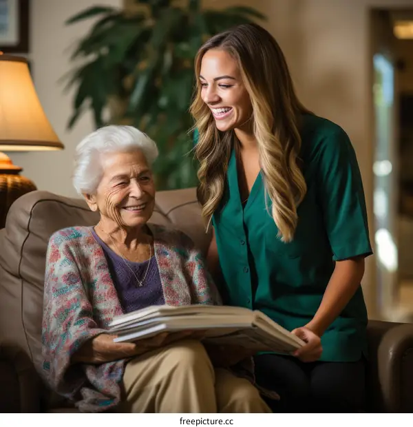 Caregiver and Senior Woman Looking at Photo Album Together