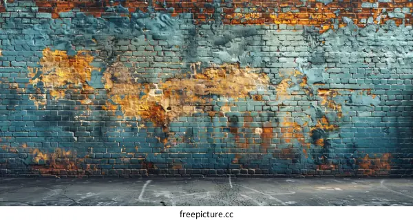 Blue and orange painted brick wall background