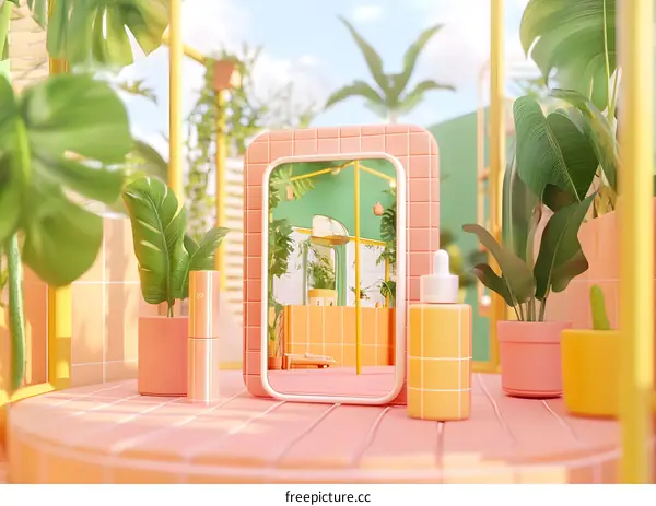 Minimalist 3D Illustration of a Bathroom with a Mirror, Plants, and Products