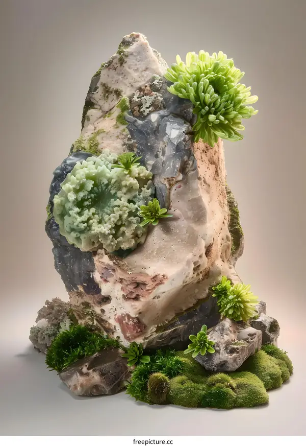 Stone with Green Moss and Plants
