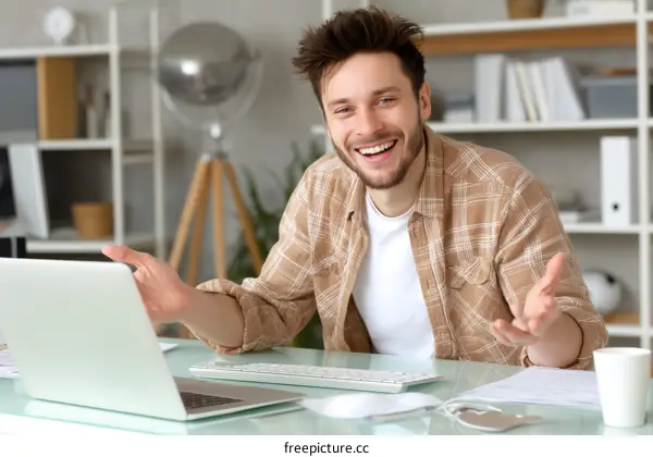 Smiling Caucasian Man Working from Home