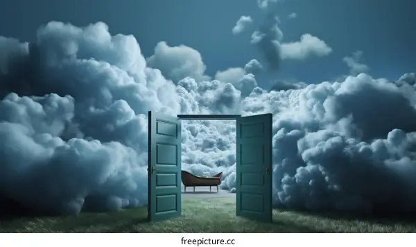 Surrealism painting of a door in the clouds