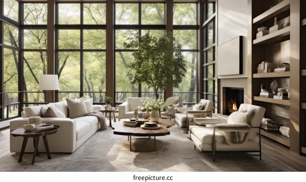 Bright and Airy Living Room With Fireplace and Large Windows