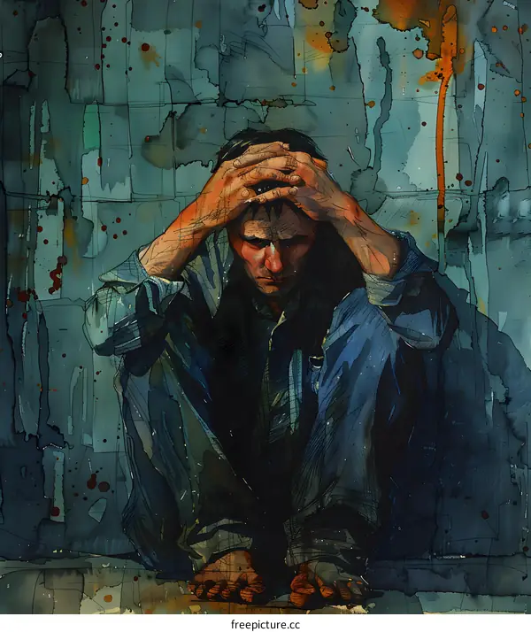 A sad man sits on the floor with his head in his hands