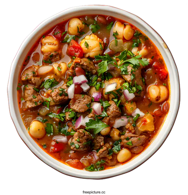 [Transparent Background PNG]A bowl of soup with beef, hominy, and vegetables.