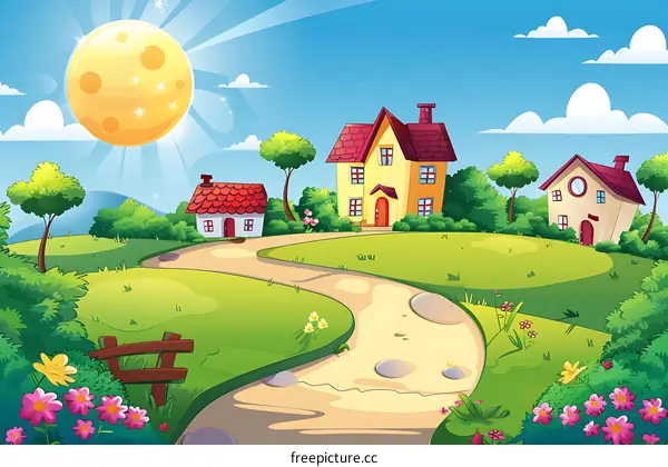 Cartoon Landscape with Houses and Winding Path
