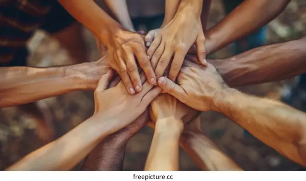 Multiracial group of people joining their hands together