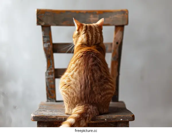 ginger cat sitting on a wooden chair with its back to the camera