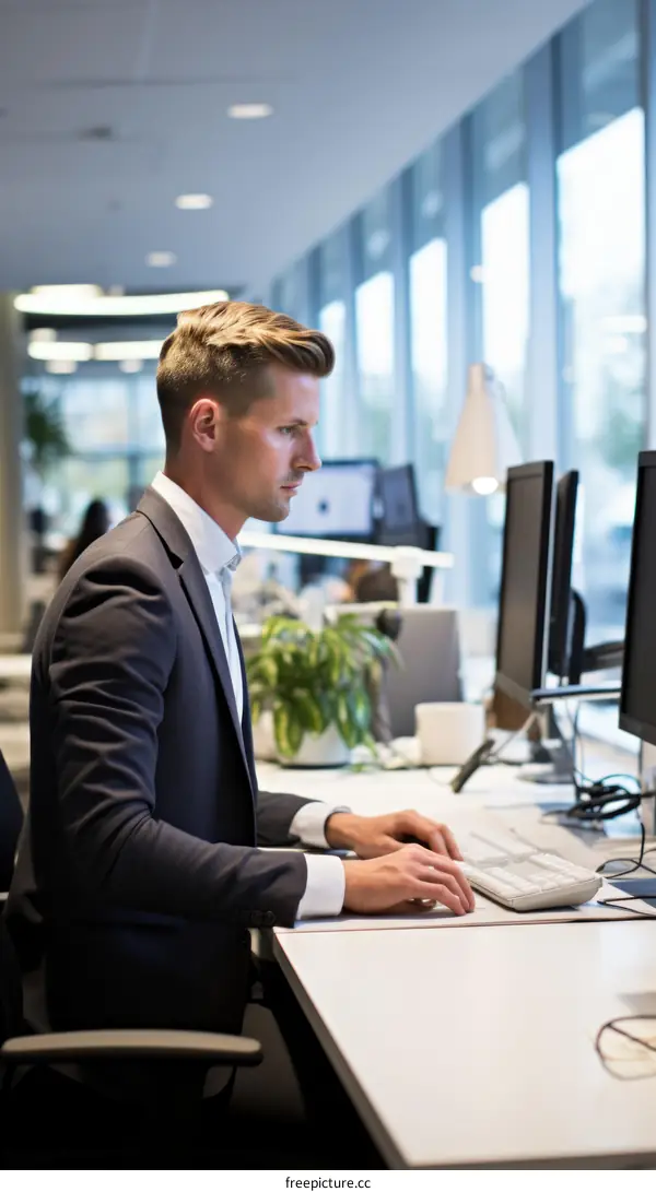Young businessman working at his desk in an office