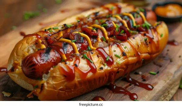 A delicious hot dog with mustard, ketchup, and bacon