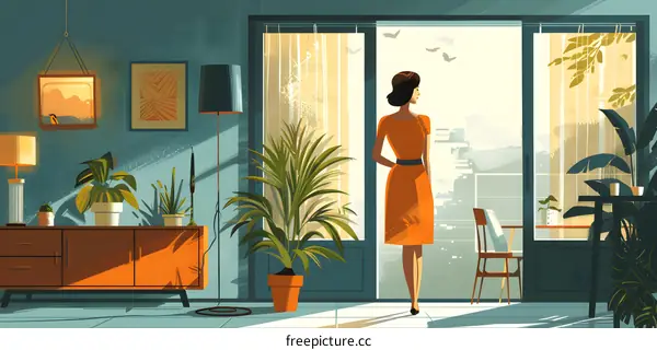 Woman in Orange Dress Looking Out Window at Cityscape