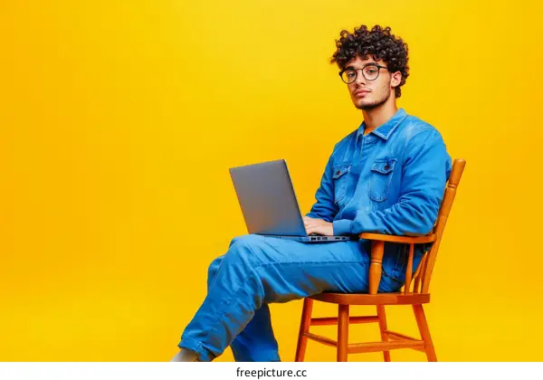 Young Man Working on Laptop in a Vibrant Setting