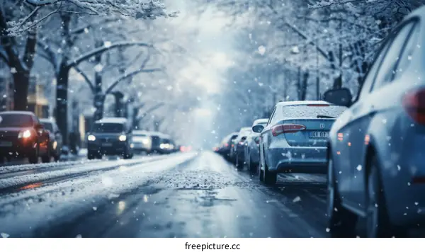 Snowy city street with parked cars