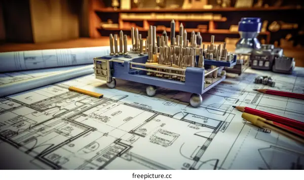 A collection of metal drill bits in the shape of a city skyline on top of a blueprint.