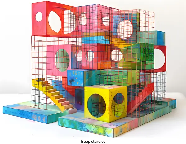 Colorful 3D structure made of blocks and wire mesh