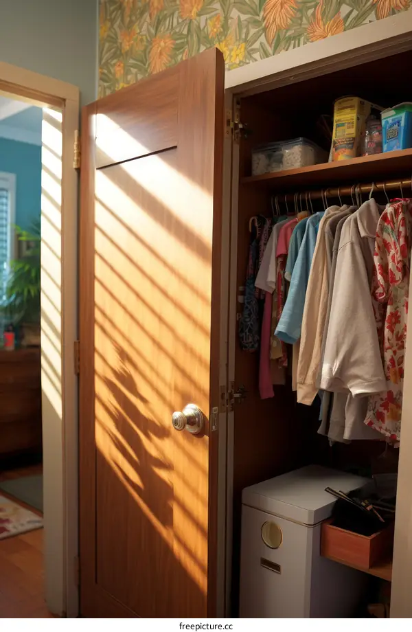 An open closet with clothes hanging on a rack inside it