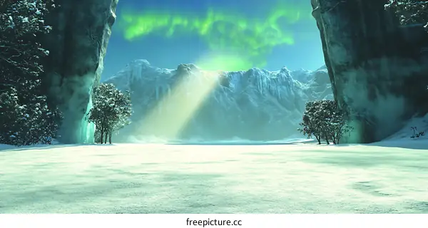 Green Aurora Borealis Over Snowy Mountain Range