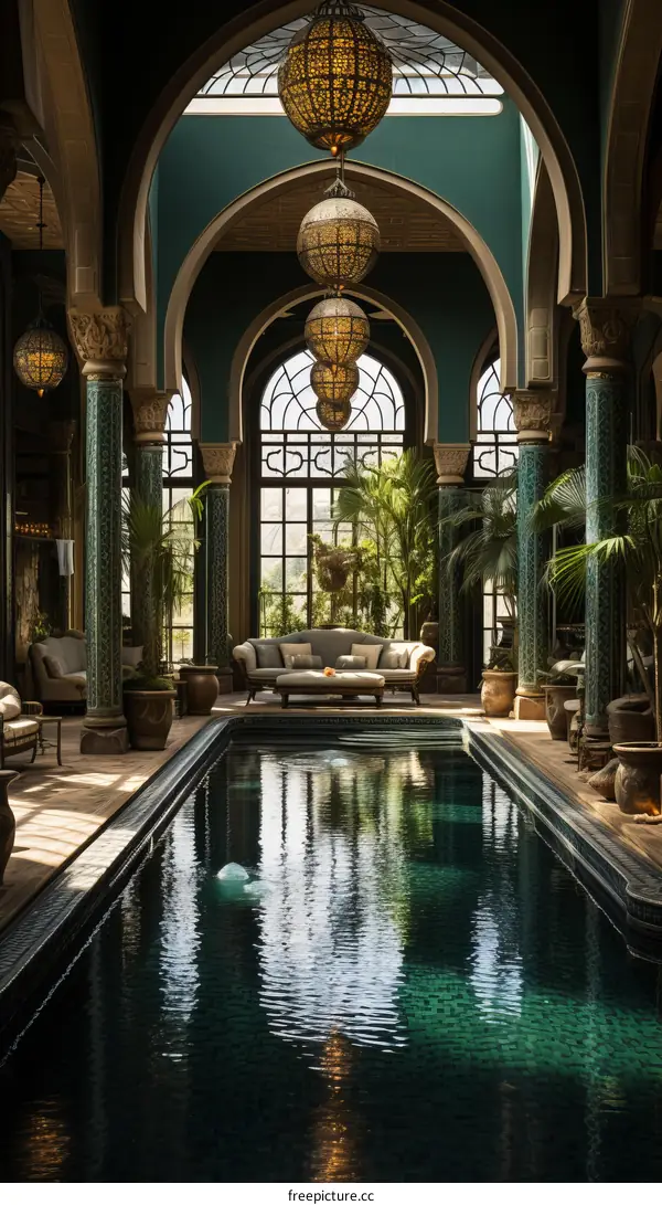 Indoor swimming pool with Moroccan architecture