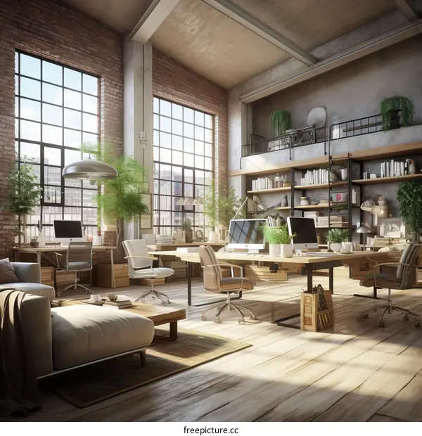 workspace interior design home office brick wall large windows plants