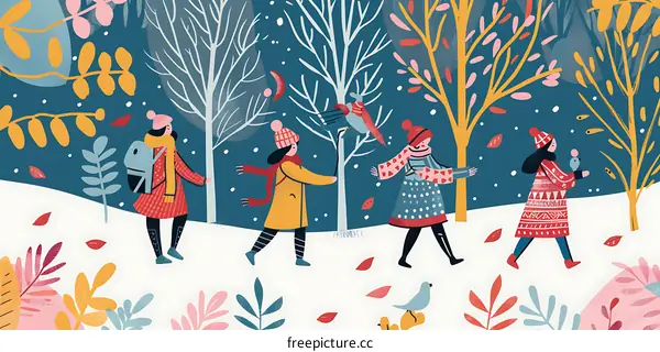 Winter Wonderland Illustration with Four Friends Walking in the Snow
