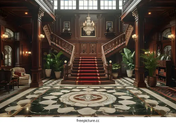 European style luxury mansion interior with grand staircase