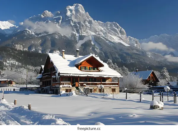 winter mountain landscape with snow covered wooden houses