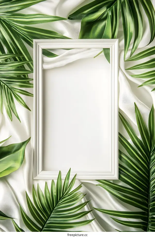 White Frame Surrounded by Tropical Green Leaves and White Silk Fabric