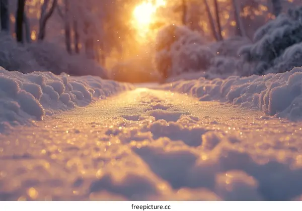 The sun shines through the snow in the forest