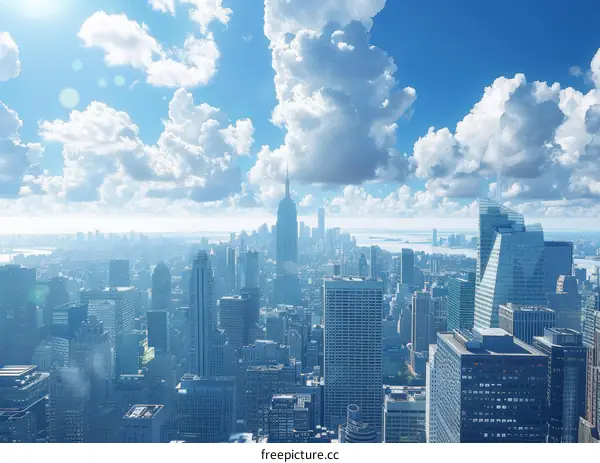 New York City skyline with clouds and sunbeams