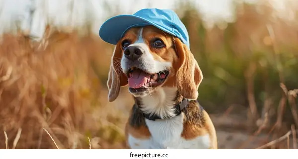 A beagle dog wearing a blue hat is sitting in a field of tall grass.
