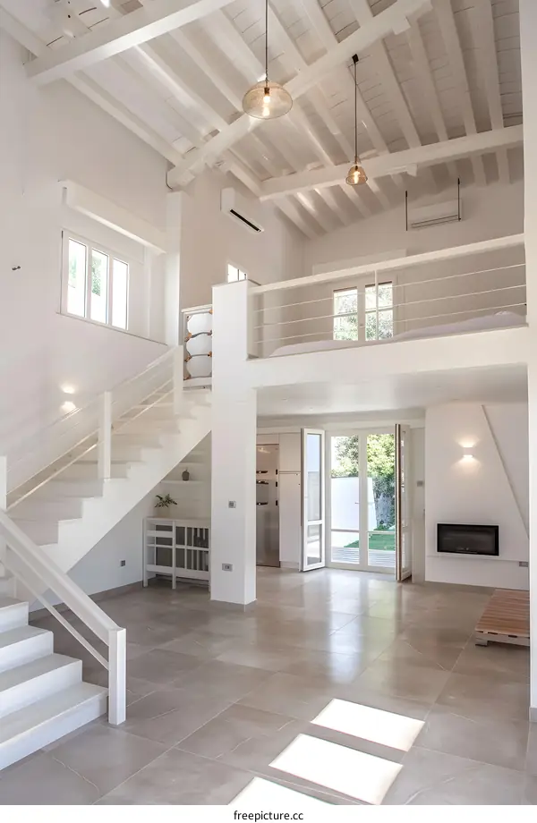 Modern White Interior Design of a Loft with a Staircase and a Wooden Deck