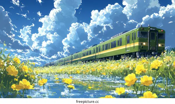A Train Through a Field of Flowers on a Sunny Day