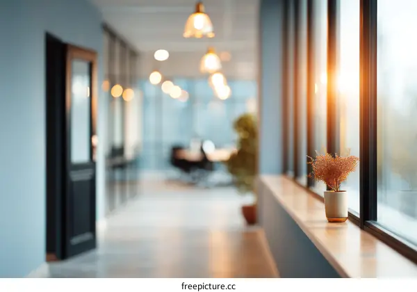 Modern Office Corridor with Sunlight and Plants