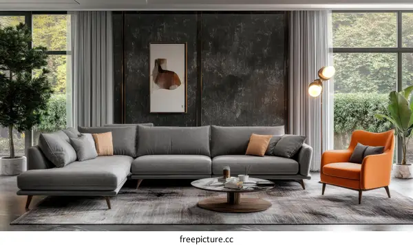 Modern Gray Sectional Sofa and Orange Armchair Living Room Scene