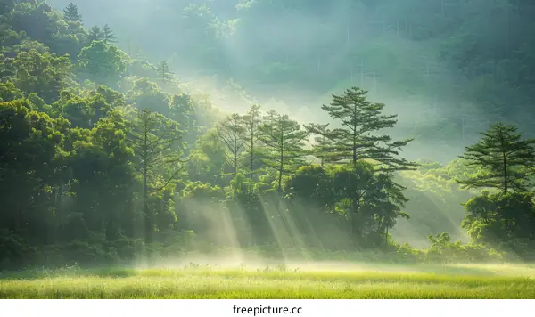 The sun shines through the trees in the forest