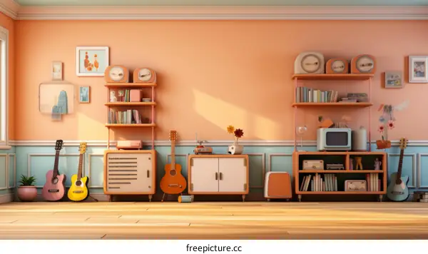 Retro Room With Guitars And Bookshelves