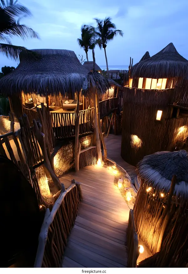 Wooden Treehouse Resort with Illuminated Path at Dusk